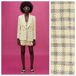 NWT. Zara Yellow/Black Textured Plaid Double Breasted Blazer. Size S.